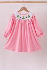 Pink christmas tree smocked ruffle dress
