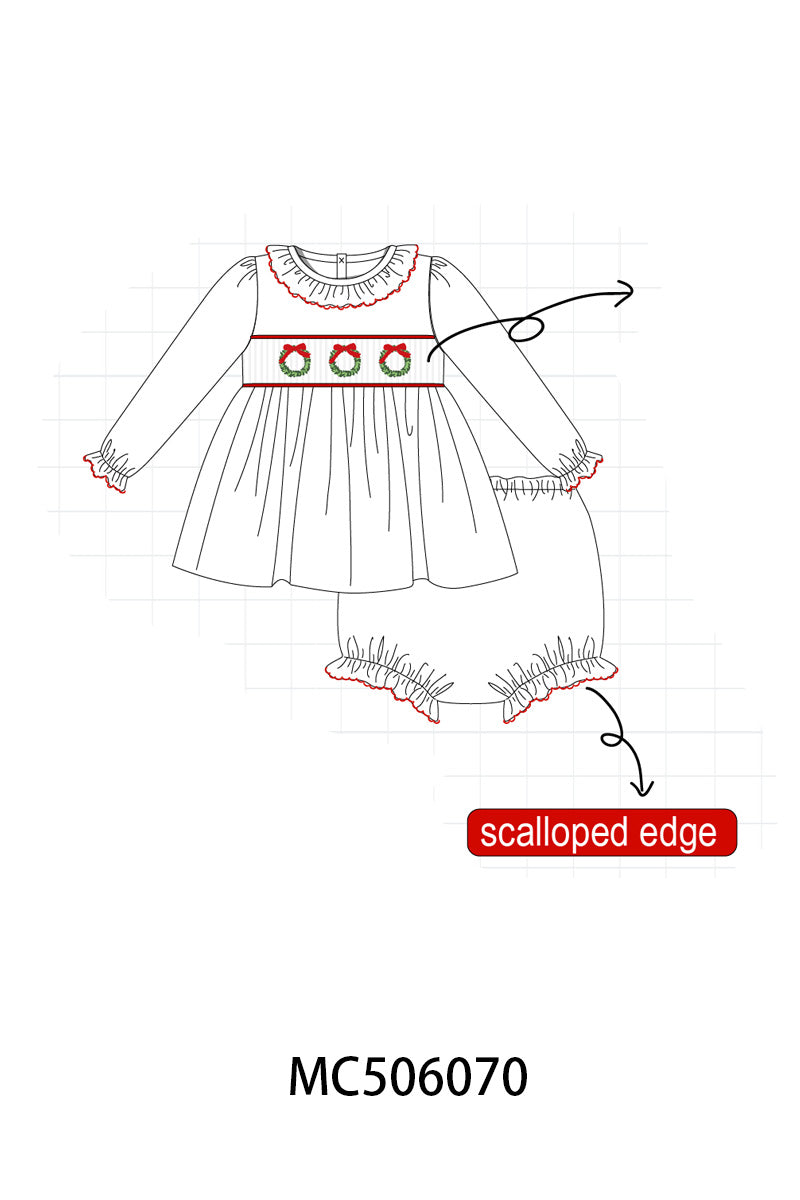 White wreath smocked ruffle bloomer set