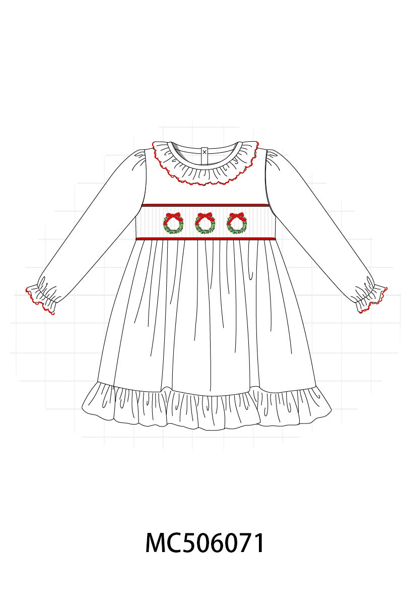 White wreath smocked ruffle dress