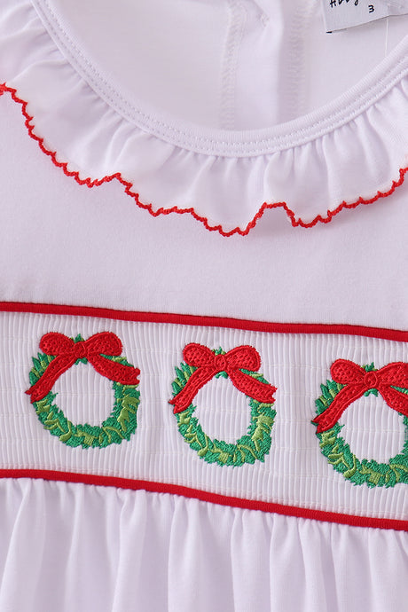 White wreath smocked ruffle dress