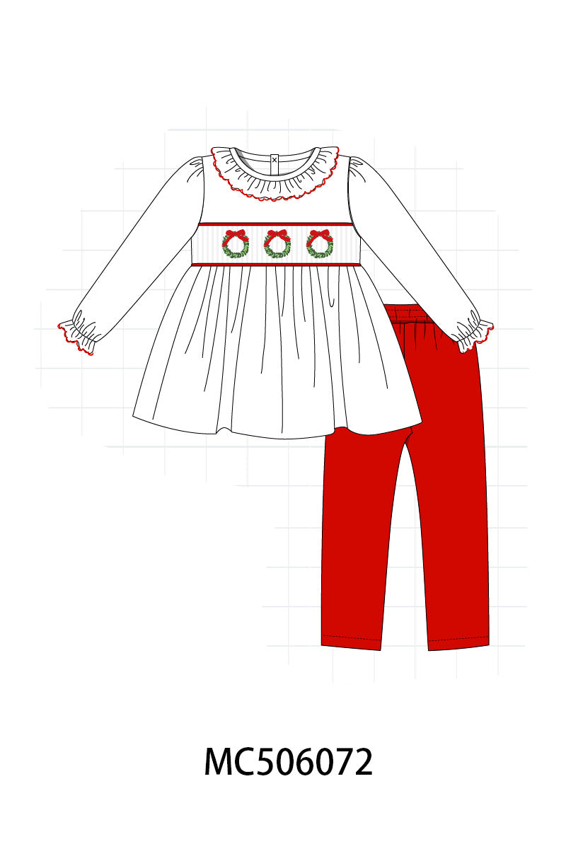 White wreath smocked ruffle pants set