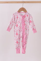 Pink christmas tree bamboo ruffle zipper romper