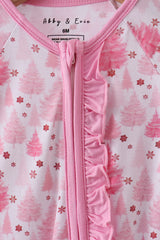 Pink christmas tree bamboo ruffle zipper romper