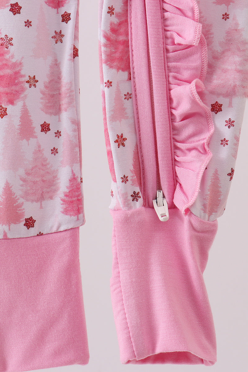 Pink christmas tree bamboo ruffle zipper romper