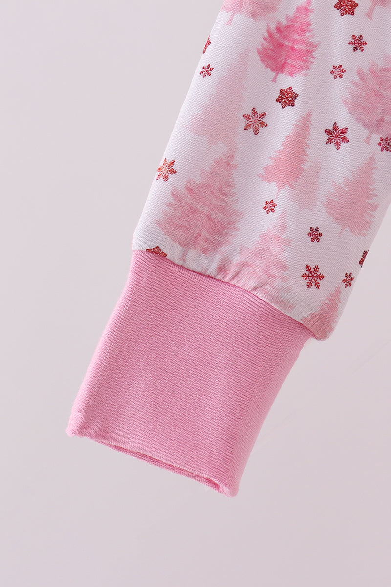 Pink christmas tree bamboo ruffle zipper romper