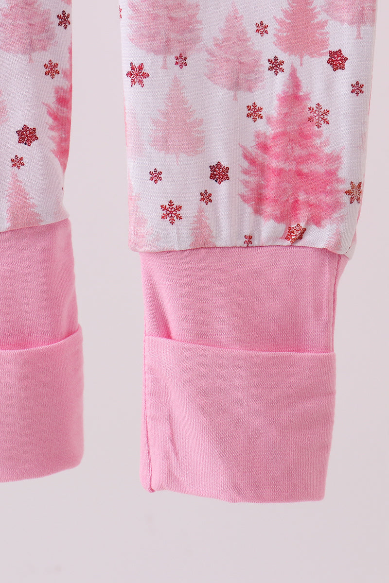 Pink christmas tree bamboo ruffle zipper romper