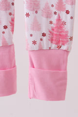 Pink christmas tree bamboo ruffle zipper romper