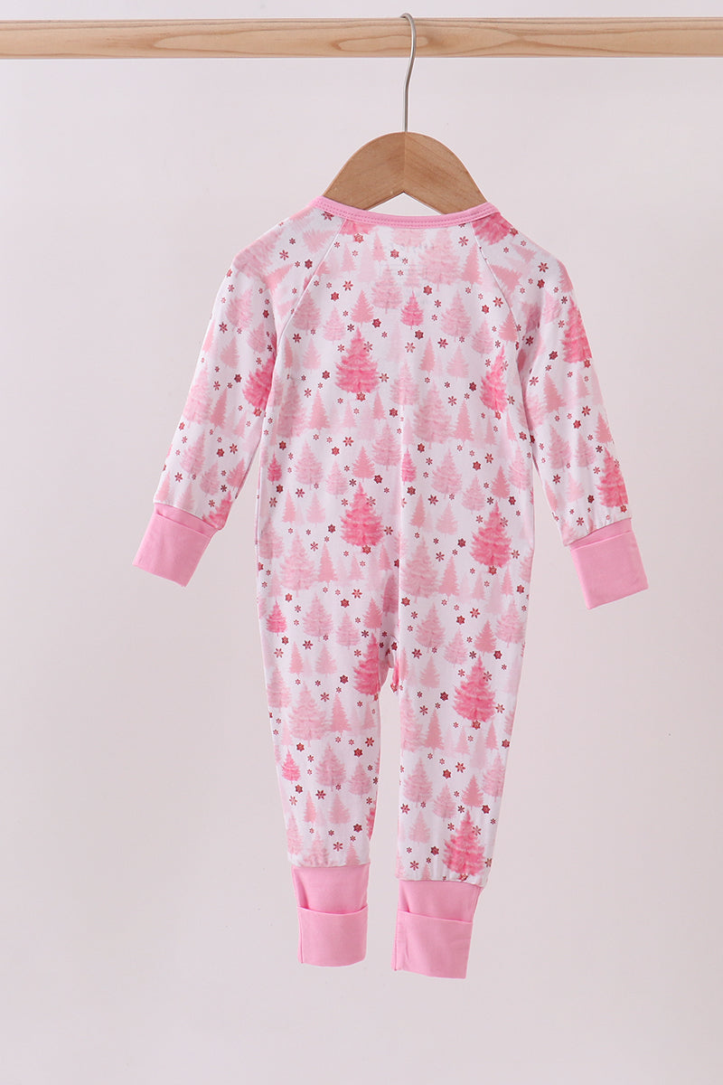 Pink christmas tree bamboo ruffle zipper romper