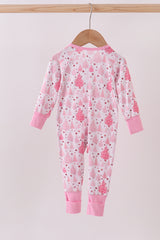 Pink christmas tree bamboo ruffle zipper romper