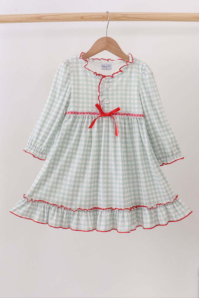 Sage ribbon bow gingham ruffle gown dress
