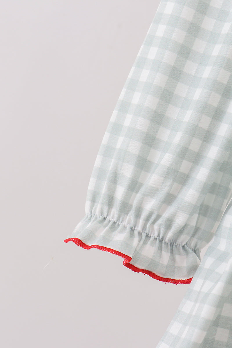 Sage ribbon bow gingham ruffle gown dress