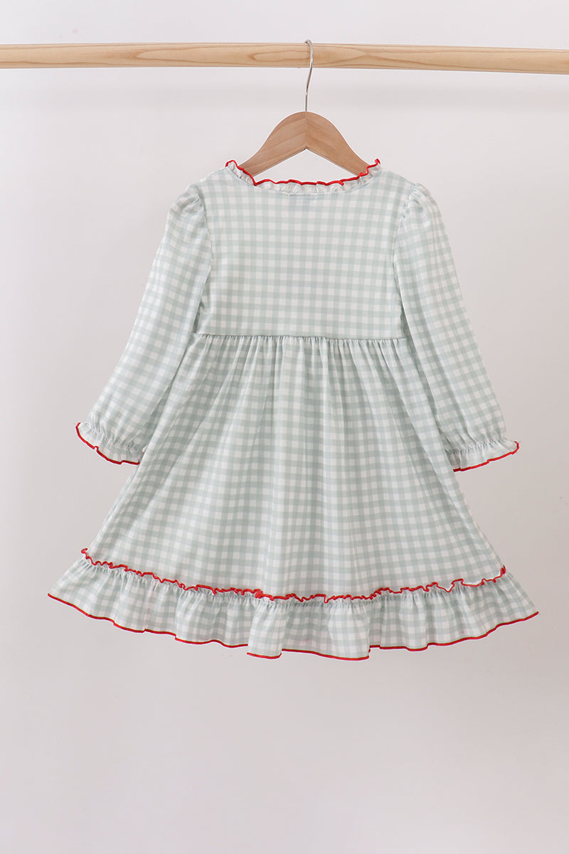 Sage ribbon bow gingham ruffle gown dress