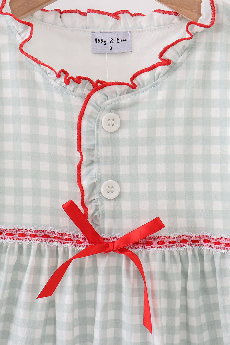 Sage ribbon bow gingham ruffle gown dress