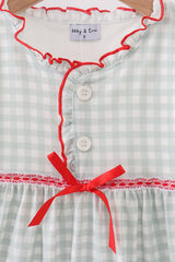 Sage ribbon bow gingham ruffle gown dress