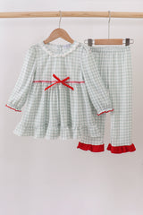Sage gingham ribbon bow ruffle pants set