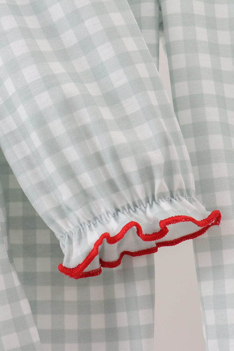 Sage gingham ribbon bow ruffle pants set