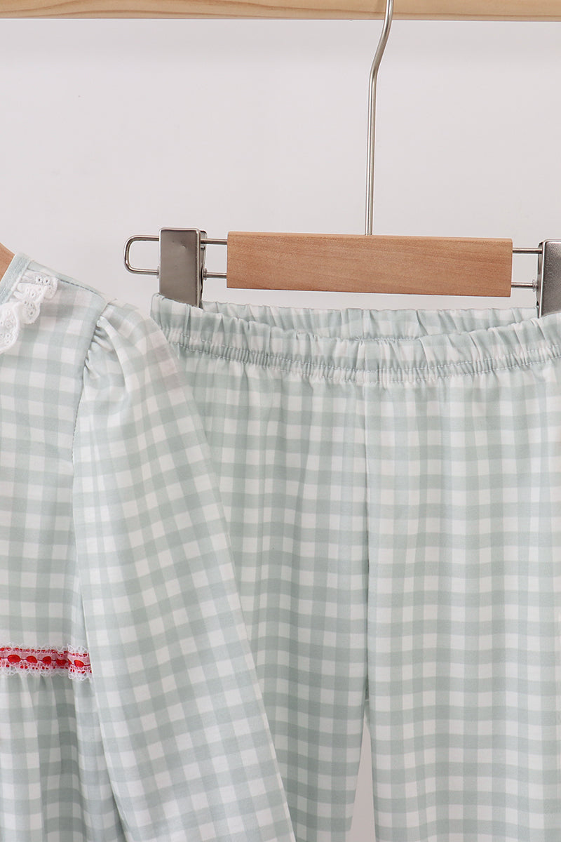 Sage gingham ribbon bow ruffle pants set