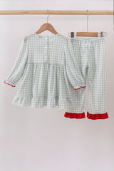 Sage gingham ribbon bow ruffle pants set