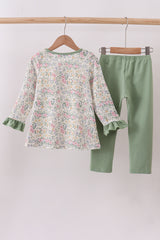 Green floral god is great embroidery ruffle pants set