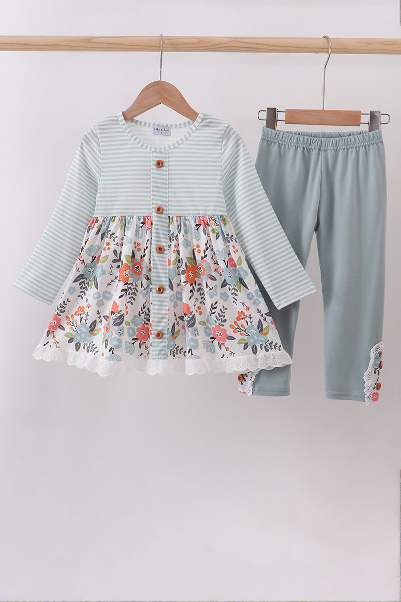 Mint floral stripe pants set