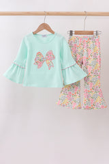 Blue bow floral applique ruffle pants set