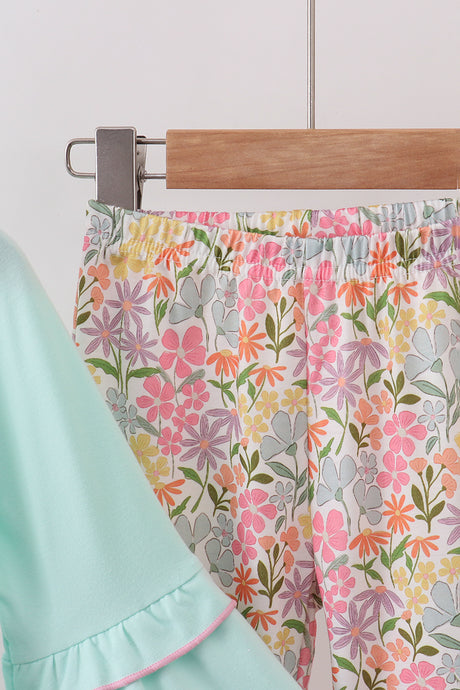 Blue bow floral applique ruffle pants set