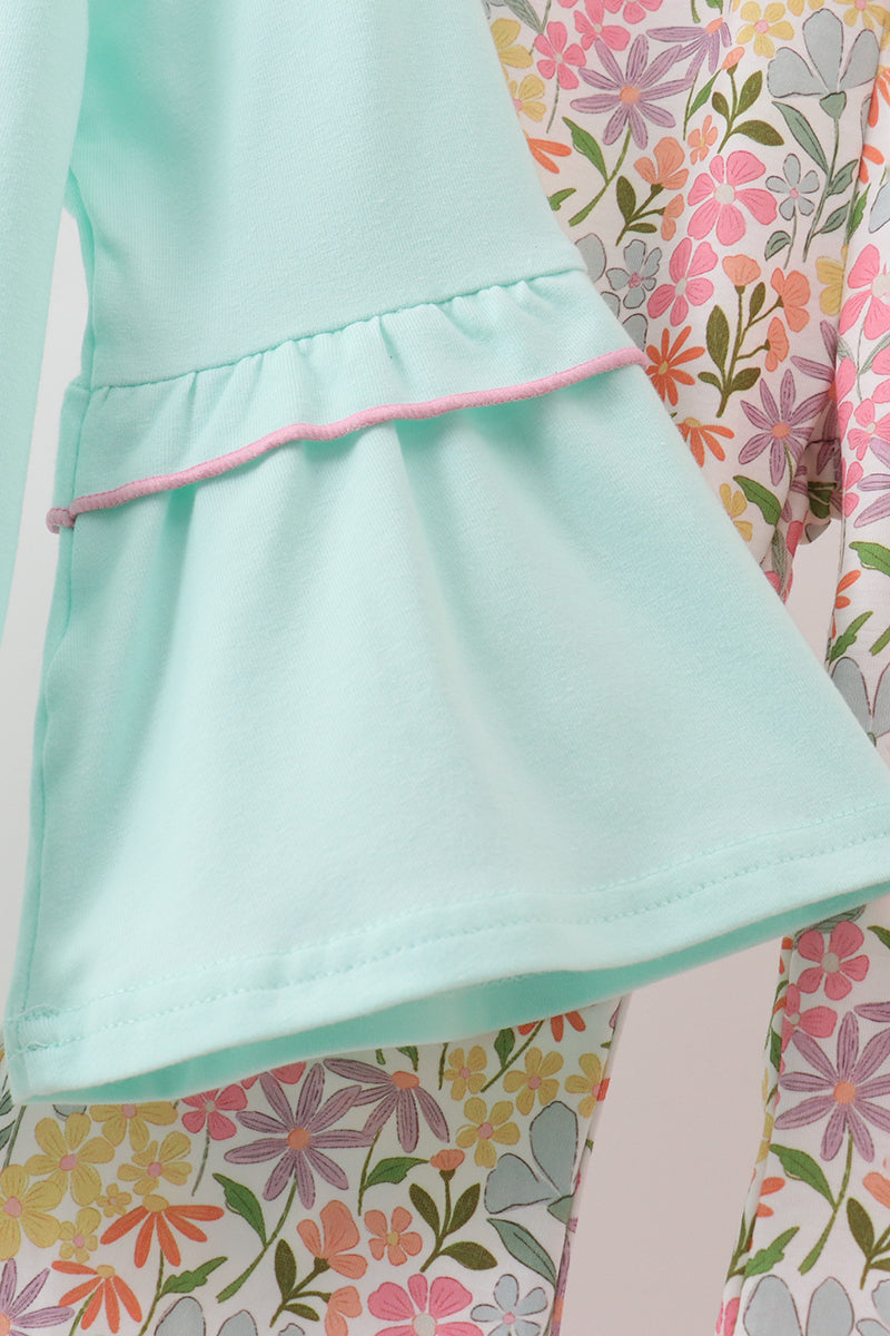 Blue bow floral applique ruffle pants set