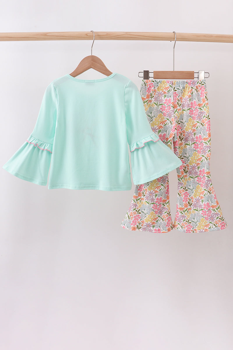 Blue bow floral applique ruffle pants set