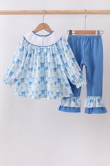 Blue bow smocked ruffle pants set