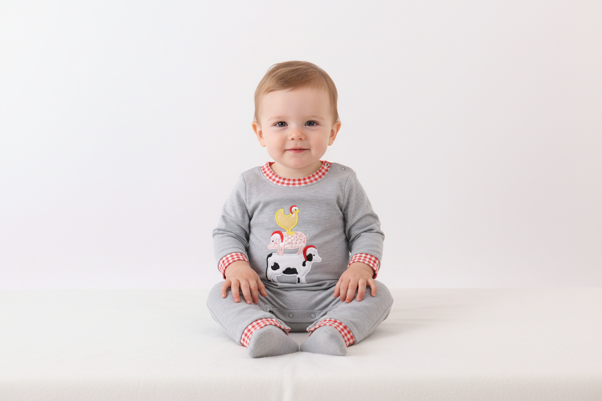 Gray farm applique romper