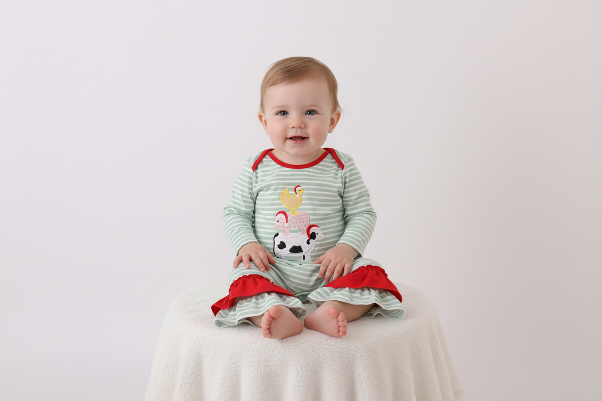 Green farm applique stripe ruffle romper