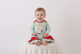 Green farm applique stripe ruffle romper