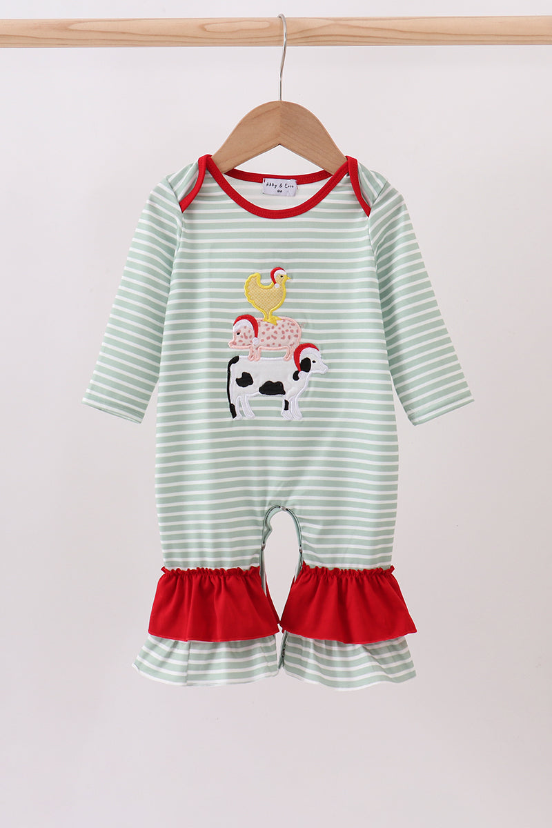 Green farm applique stripe ruffle romper