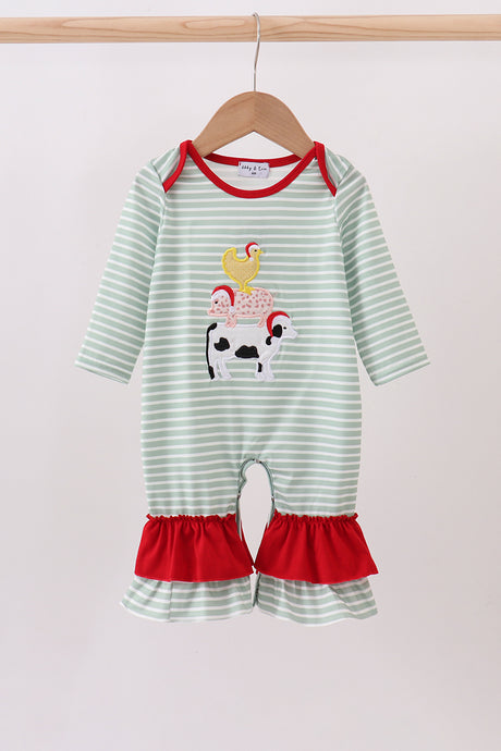 Green farm applique stripe ruffle romper