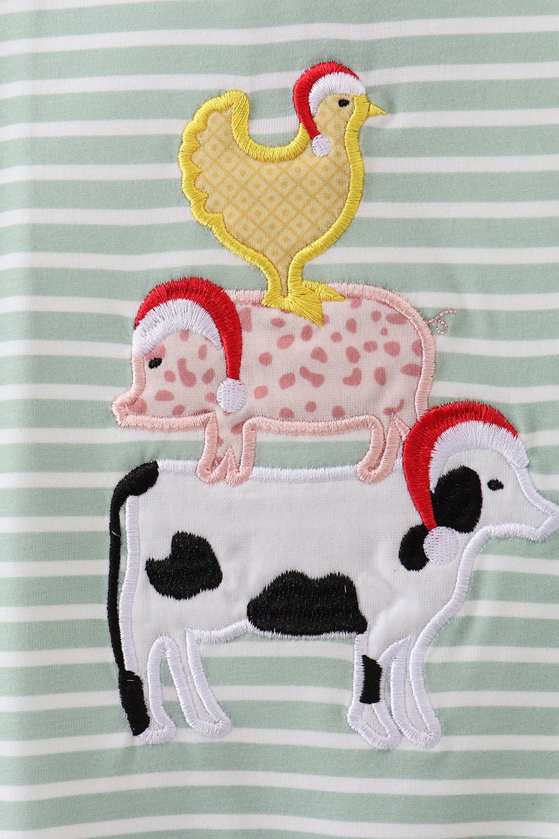 Green farm applique stripe ruffle romper