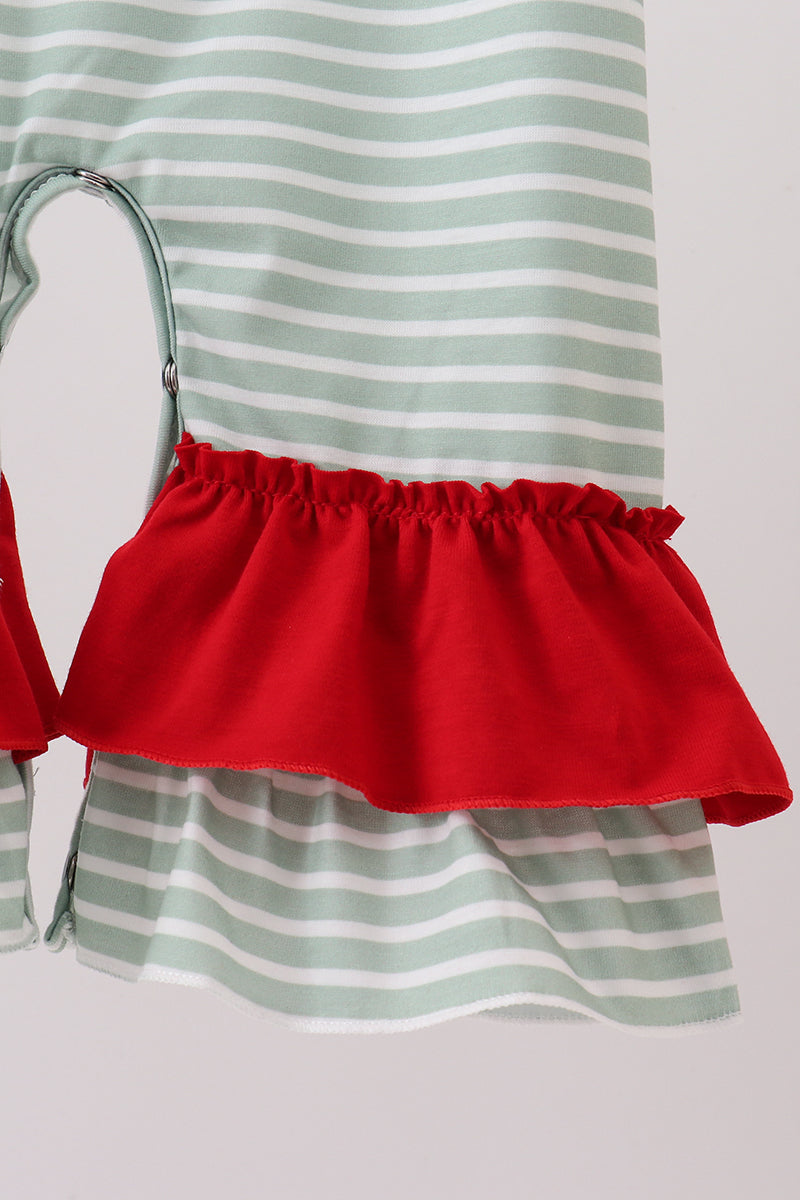 Green farm applique stripe ruffle romper