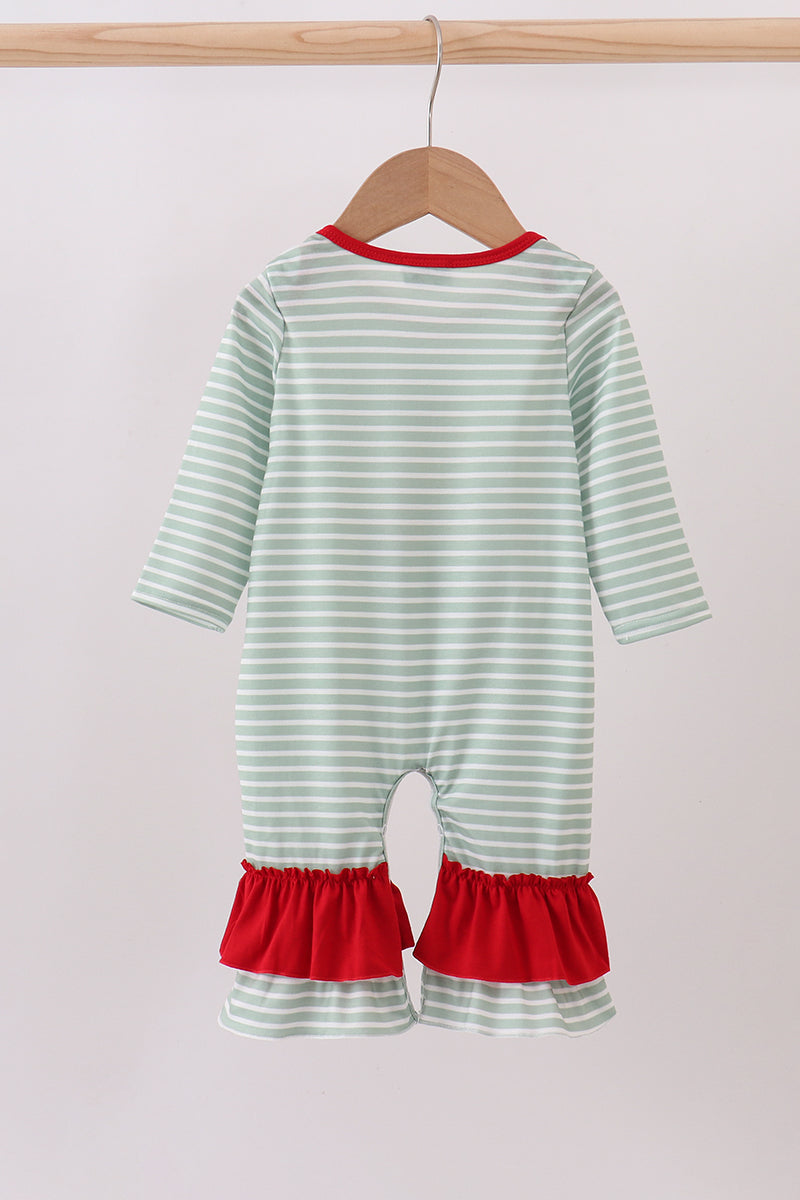 Green farm applique stripe ruffle romper