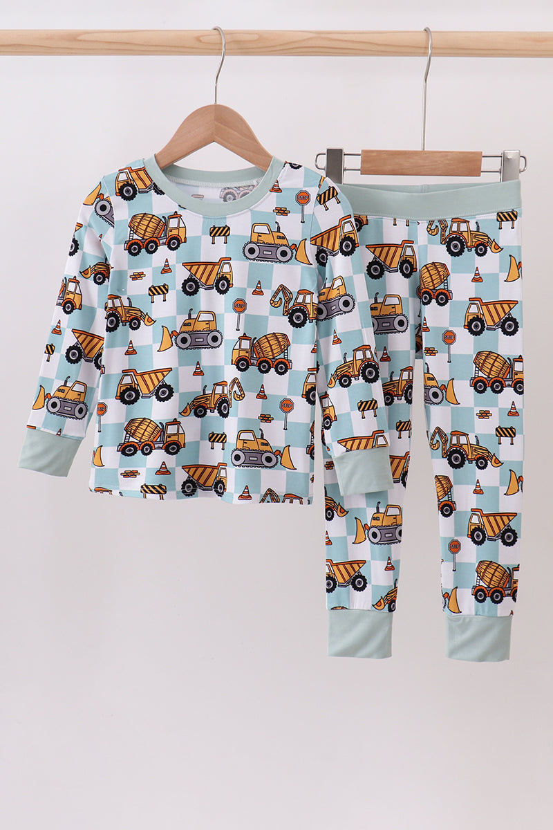 Green excavator checkered bamboo pants set