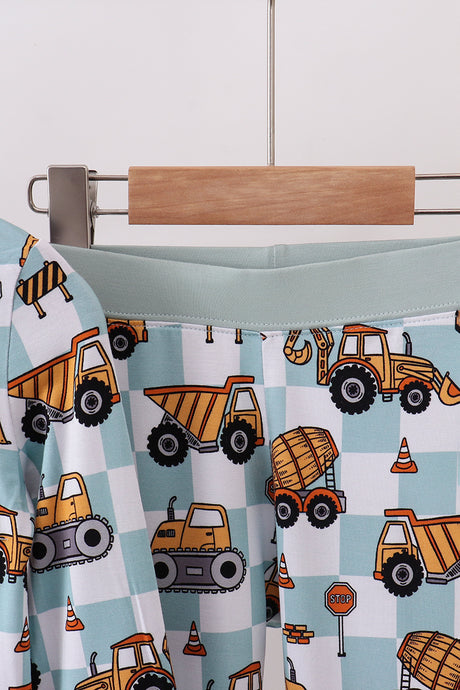 Green excavator checkered bamboo pants set