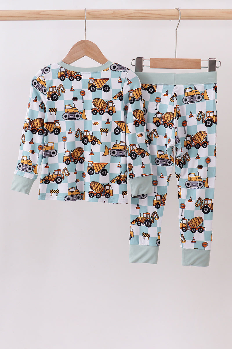 Green excavator checkered bamboo pants set