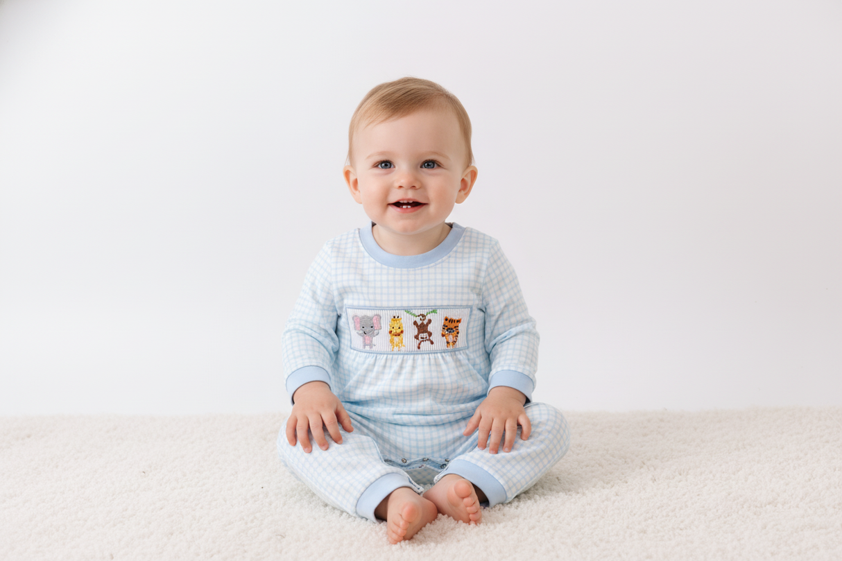 Blue animal smocked gingham romper