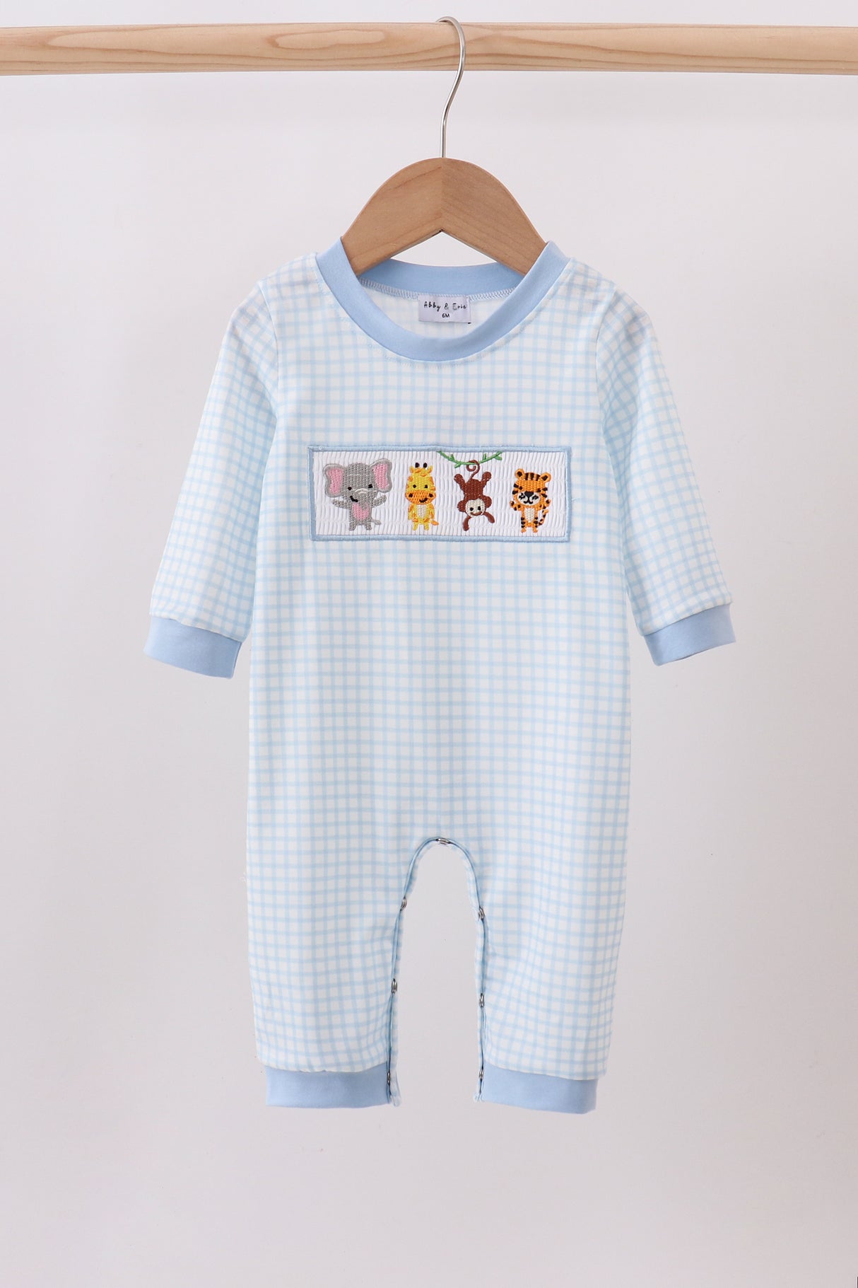 Blue animal smocked gingham romper
