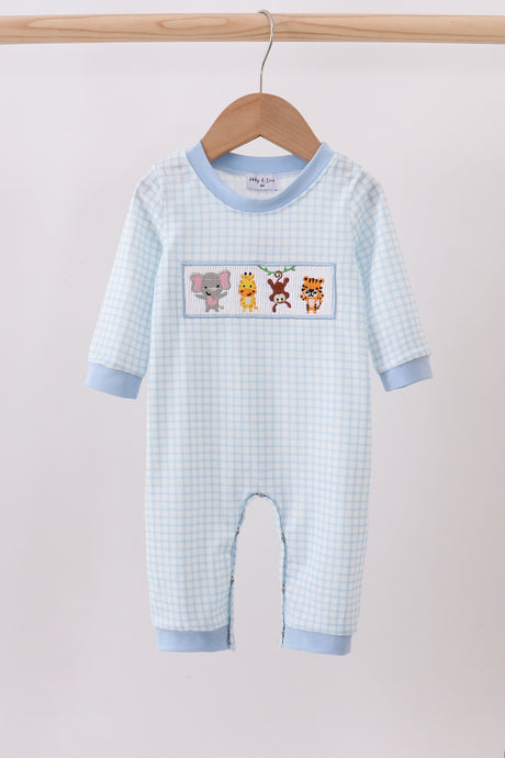 Blue animal smocked gingham romper