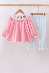 Pink animal smocked ruffle pants set