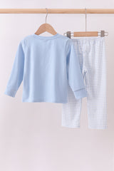 Blue cotton applique gingham pants set