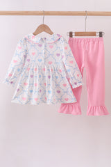Multicolored heart smocked ruffle pants set