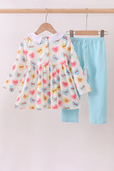 Blue heart print pocket pants set