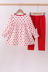 Red heart print ruffle pants set