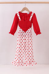 Red heart applique ruffle jumpsuit set