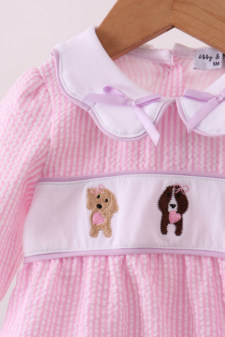 Pink puppy embroidery seersucker bubble